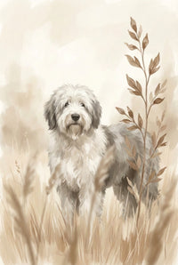 Neutral watercolor painting of an Old English Sheepdog standing in tall grass, featuring soft beige and gray tones with a gentle woodland backdrop.
