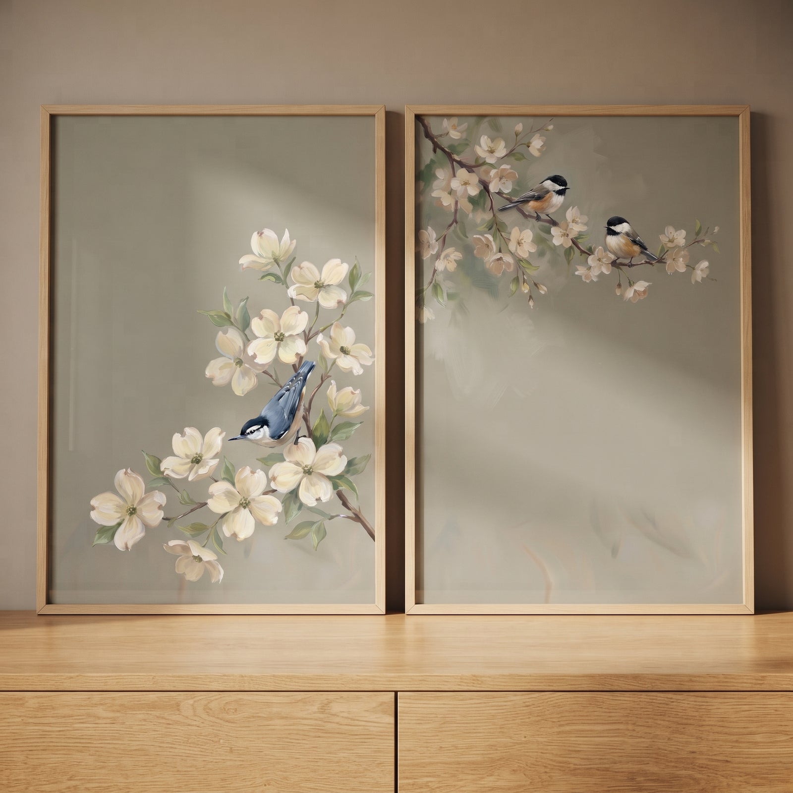 Olive green botanical bird artwork set of 2 with white blossoms and birds in wood frames resting on a wooden dresser.