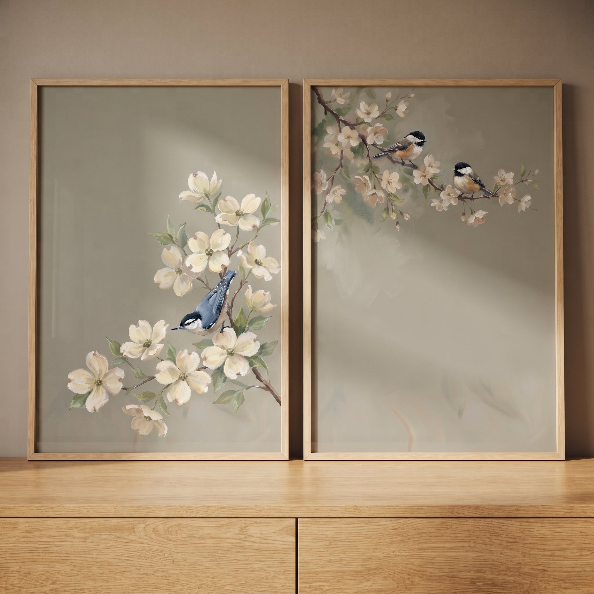 Olive Green Botanical Bird Artwork Set of 2 - Spring Blossom Songbirds