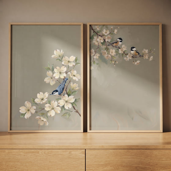 Olive green botanical bird artwork set of 2 with white blossoms and birds in wood frames resting on a wooden dresser.