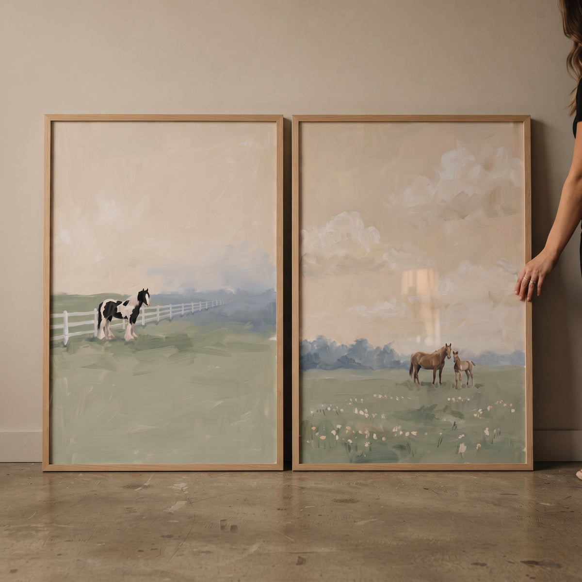Olive Green Field Horses Wall Art Set of 2 - Gentle Countryside View