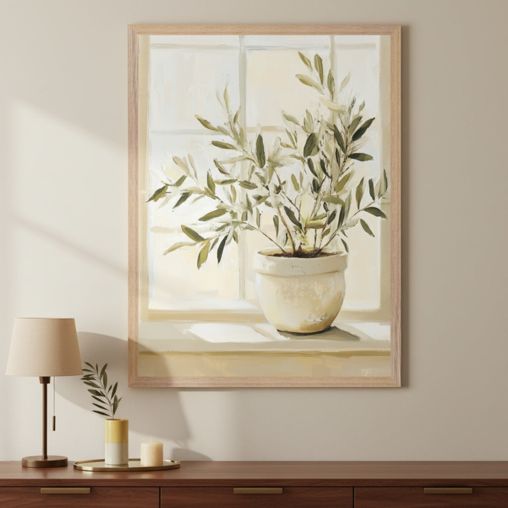 Neutral living space with a dark wood dresser. A large framed painterly artwork of an olive plant in a pot on a window sill hangs centered above the dresser.