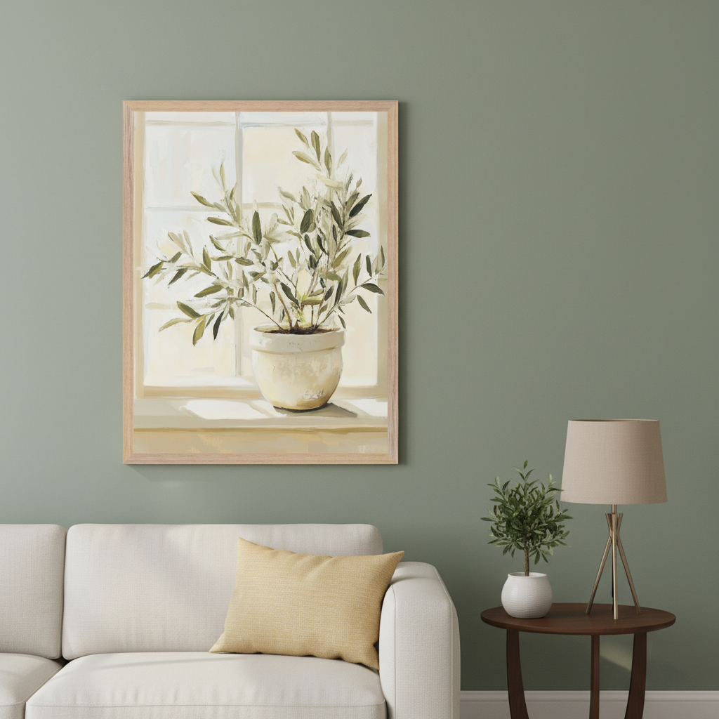 Living room with a white sectional sofa and a round end table. A framed painting of a potted olive tree on a sunlit windowsill in a soft, painterly style hangs above the sofa on a sage green wall.
