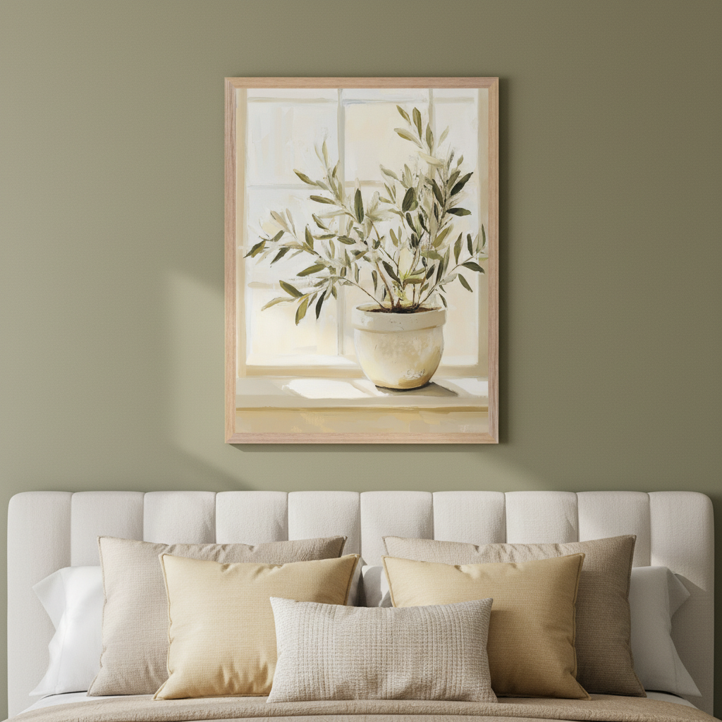 Modern bedroom with a white upholstered headboard and neutral pillows. A framed painting of a potted olive plant on a windowsill with a window behind it hangs centered above the bed on a sage green wall.