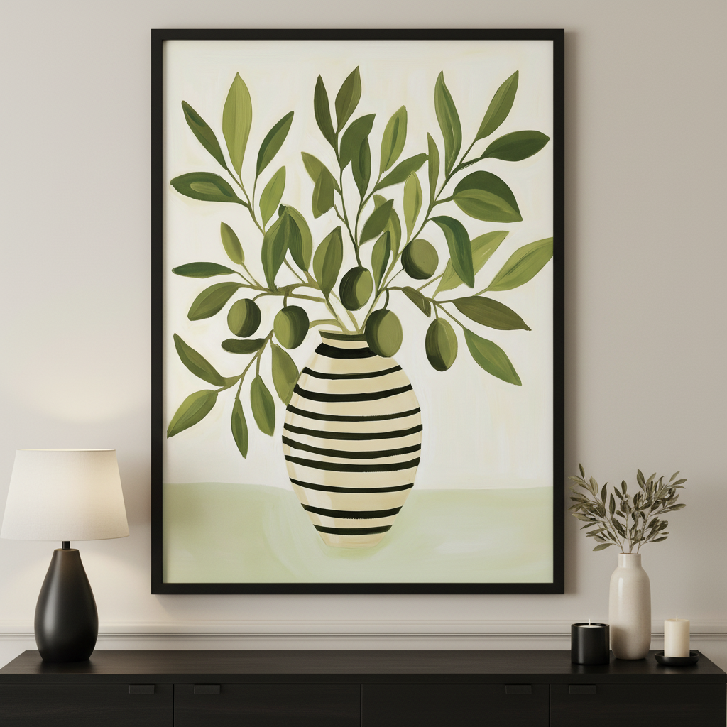 Modern living room with a black console table. A large framed print of green olive branches with fruit in a black and white striped vase hangs centered above. The artwork has a minimalist, painterly style.