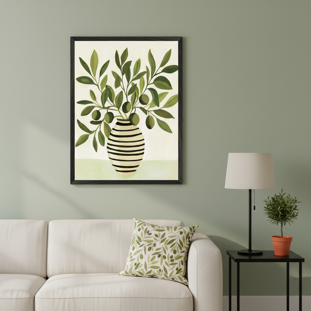 Modern living room with a cream sectional sofa and an olive-patterned cushion against a sage green wall. A large framed print of olive branches in a black and white striped vase hangs centered above the sofa.