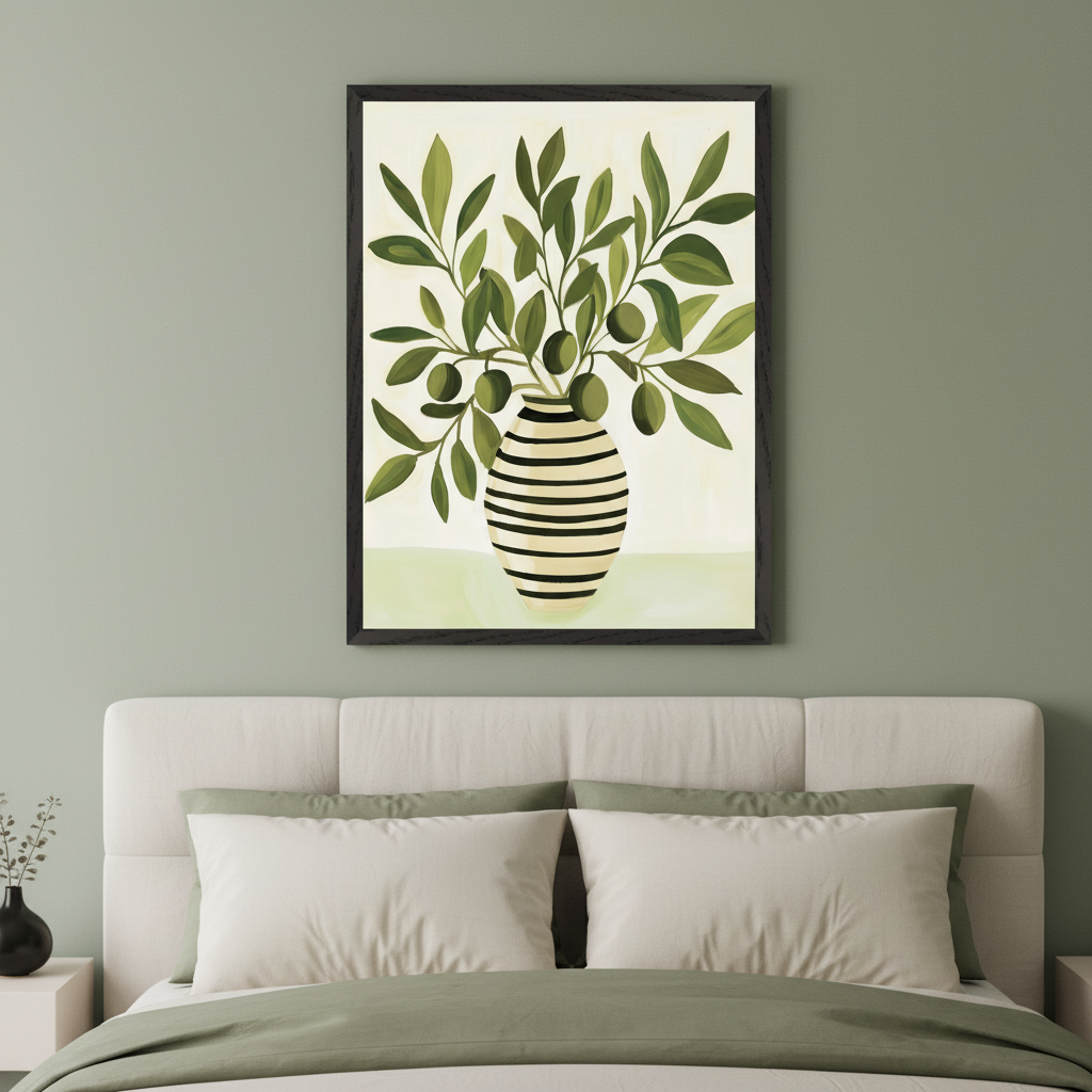 Modern bedroom with a beige upholstered headboard bed. A framed painting of olive branches with olives in a black and white striped vase on a light background hangs centered above the bed.