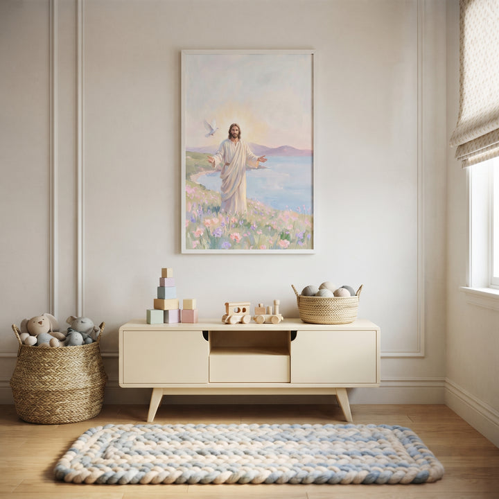 Neutral nursery featuring open arms wildflower jesus wall art above a wooden cabinet with toys and a braided rug.