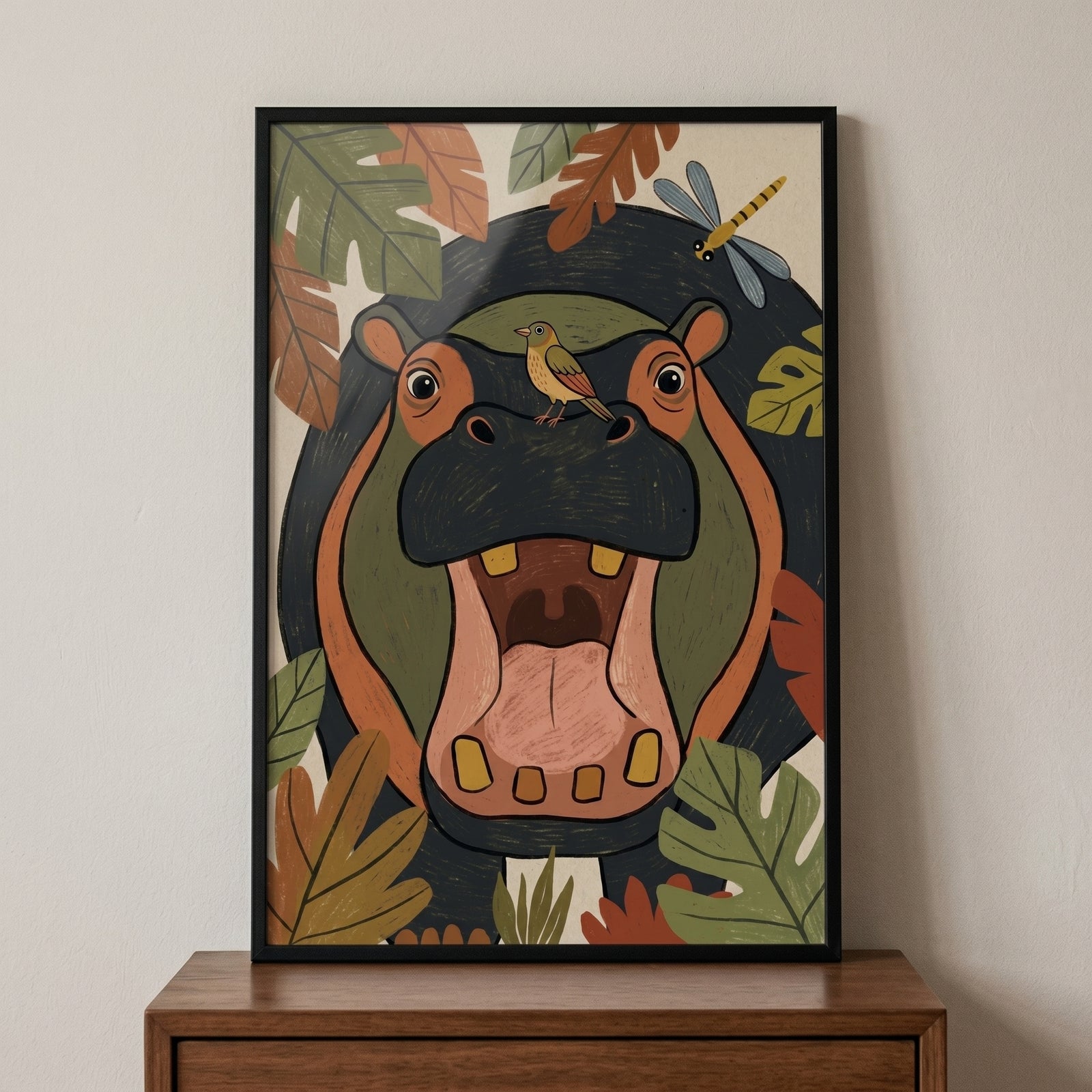 Framed open mouth bird hippo animals wall art featuring a hippopotamus with a bird and dragonfly among jungle leaves.