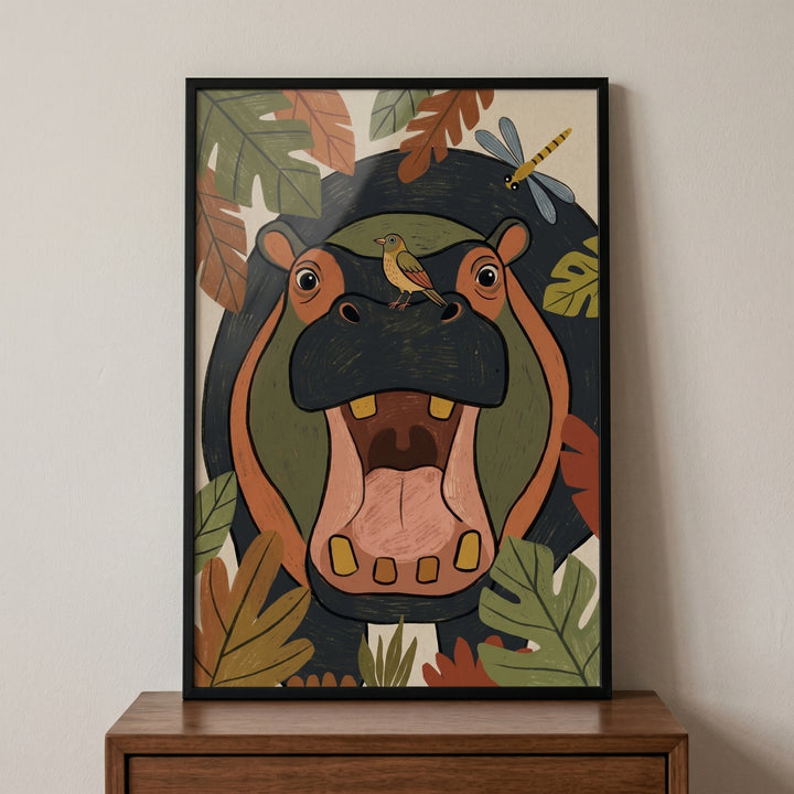 Framed open mouth bird hippo animals wall art featuring a hippopotamus with a bird and dragonfly among jungle leaves.