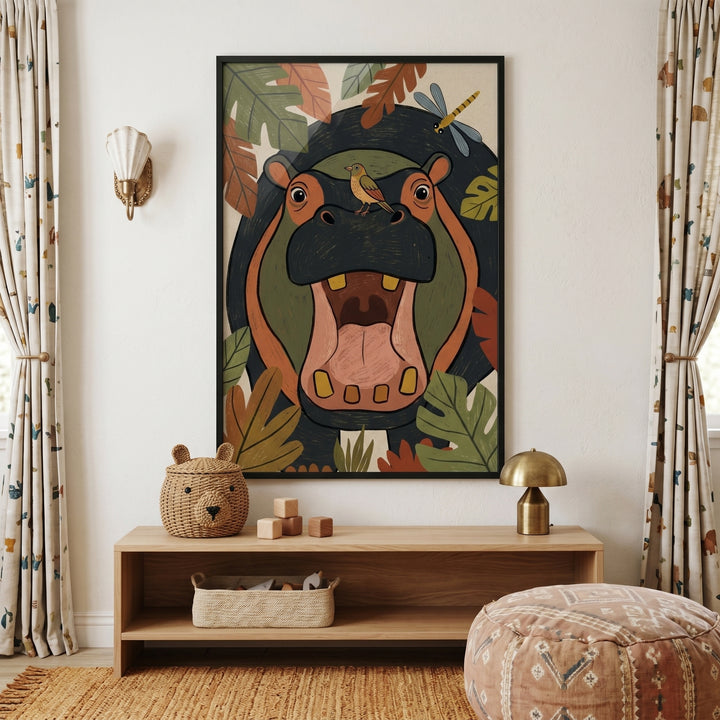 Stylized open mouth bird hippo animals wall art hangs above a wooden console in a room with wicker and patterned curtains.