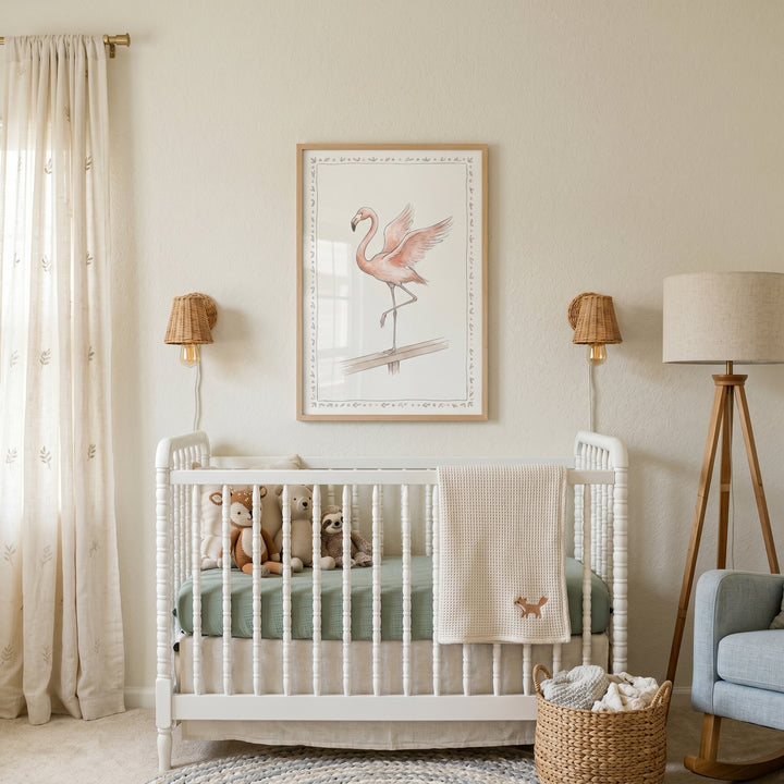 Open wing pink flamingo wall art above a white crib in a nursery with plush animals, woven sconces, and a floor lamp.