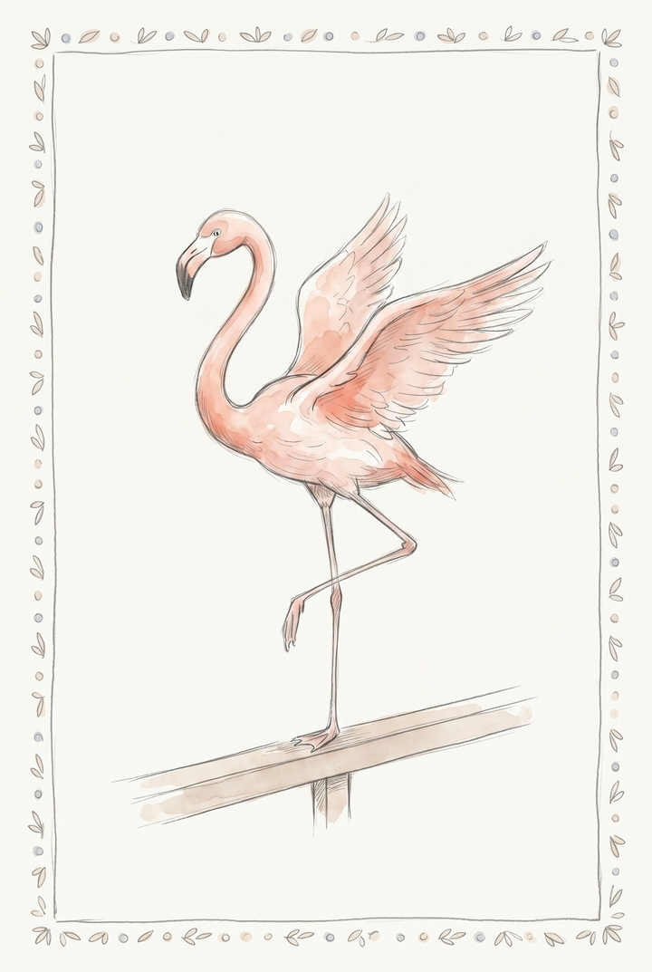 Watercolor open wing pink flamingo wall art standing on one leg on a wooden rail with a decorative leaf border.