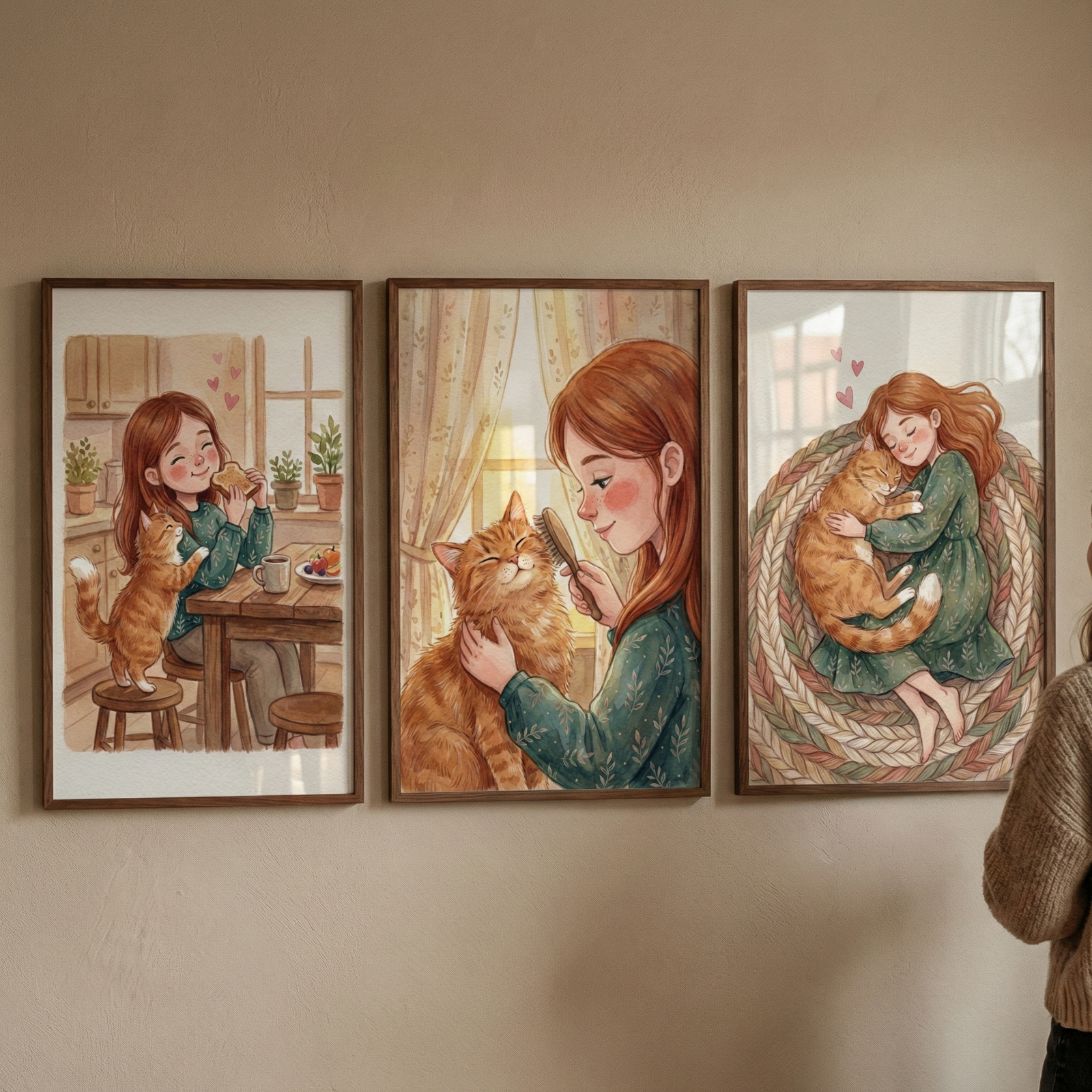 Three framed illustrations are hung in a row on a plain wall. They depict a young woman with auburn hair and an orange tabby cat in various cozy scenes. In the first, they are together at a kitchen table; in the second, the woman brushes the cat's fur near a sunlit window; and in the third, they sleep curled up on a large round braided rug. The style is soft and warm with gentle colors. A person in a beige sweater is partially visible on the right, looking at the display.