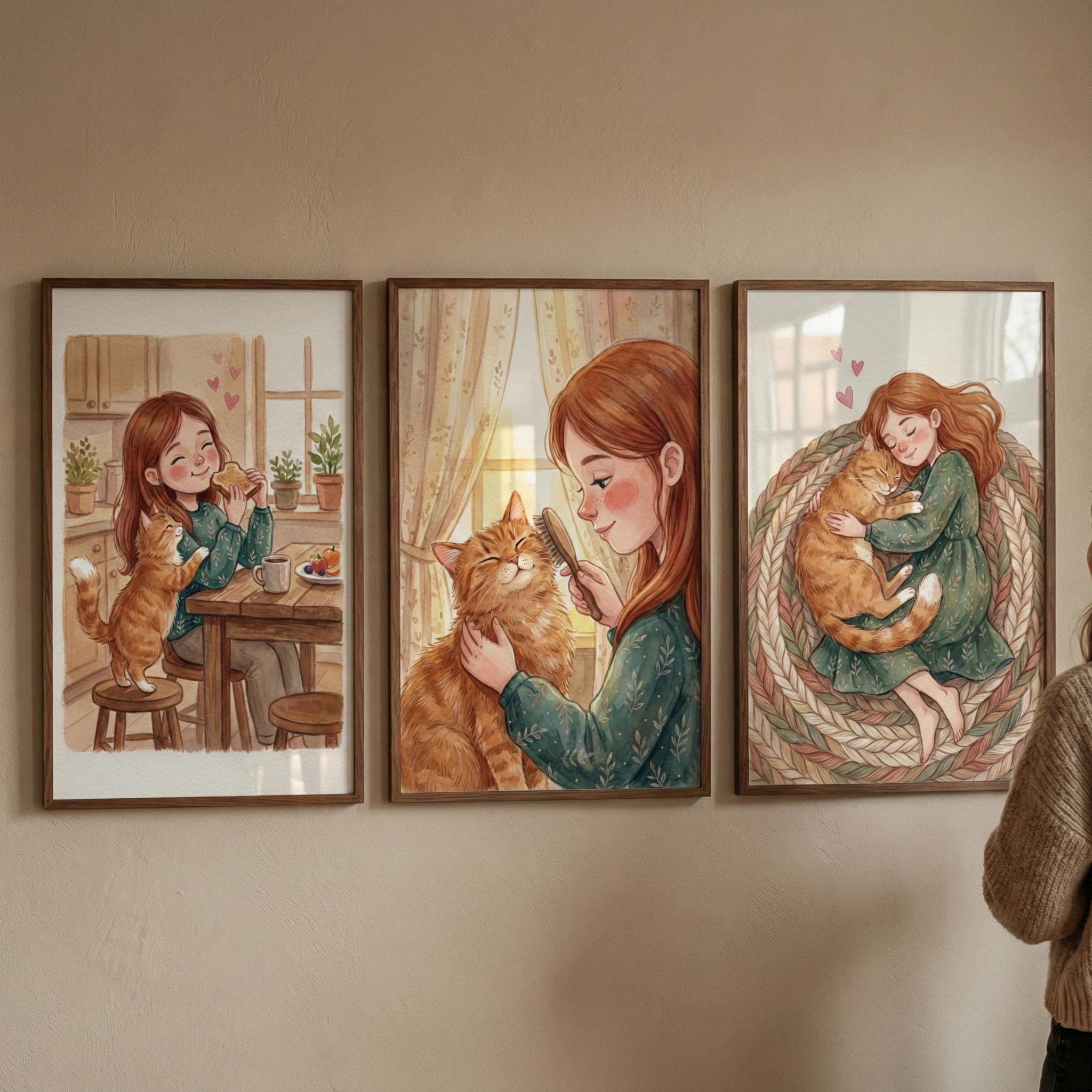 Orange Cat And Girl Print Set of 3 - Cozy Feline Life