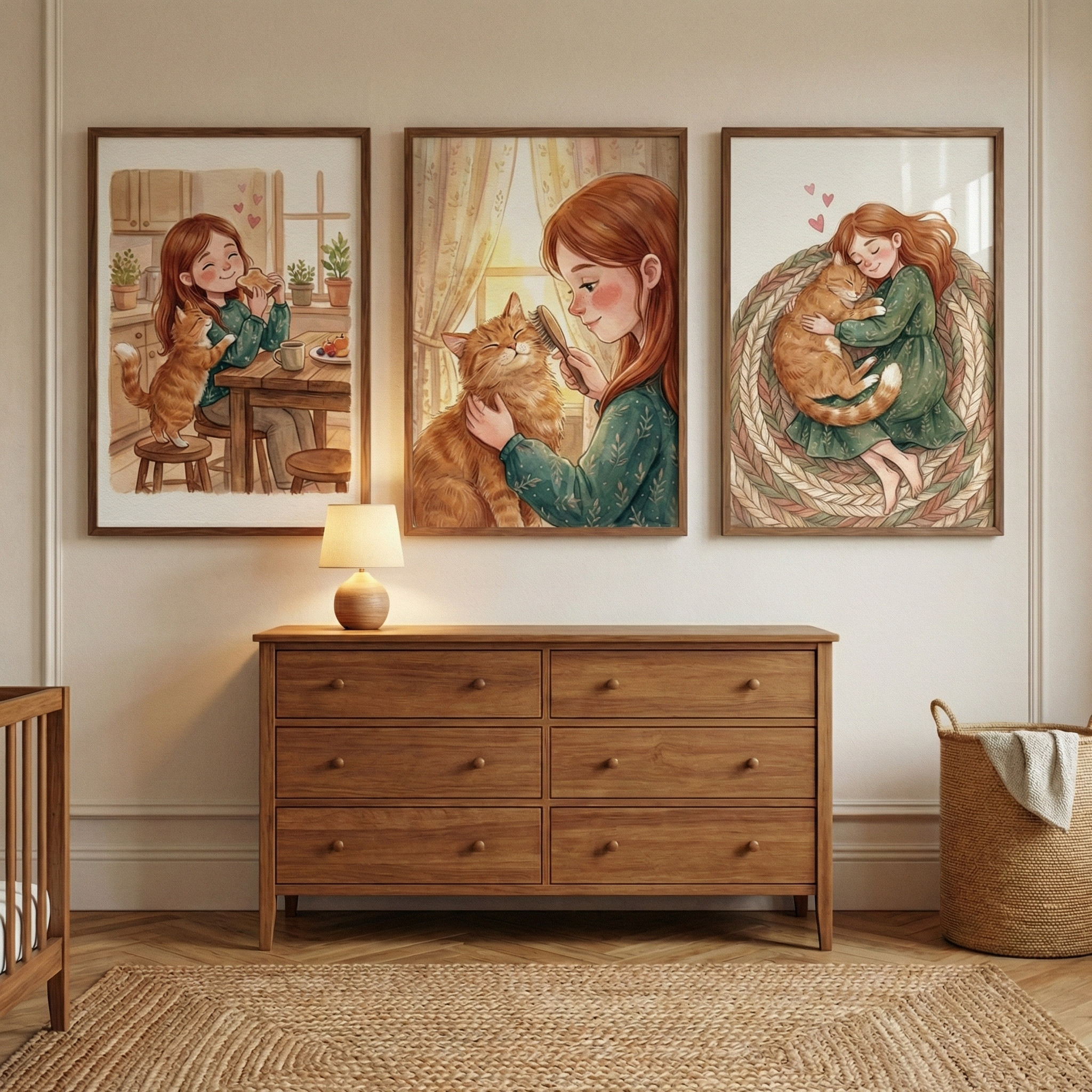 Orange Cat And Girl Print Set of 3 - Cozy Feline Life