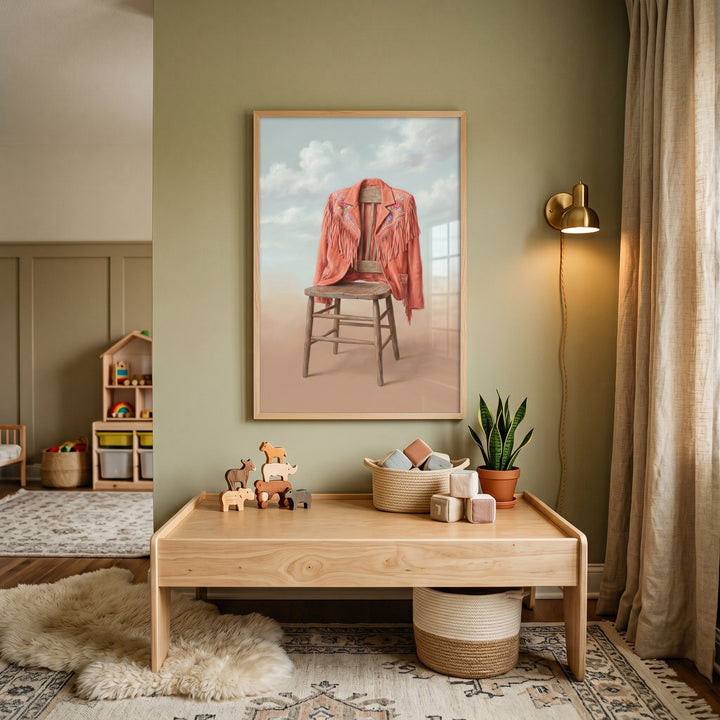Orange fringed leather jacket wall art in a green playroom with wooden toys, a snake plant, and a gold wall lamp.