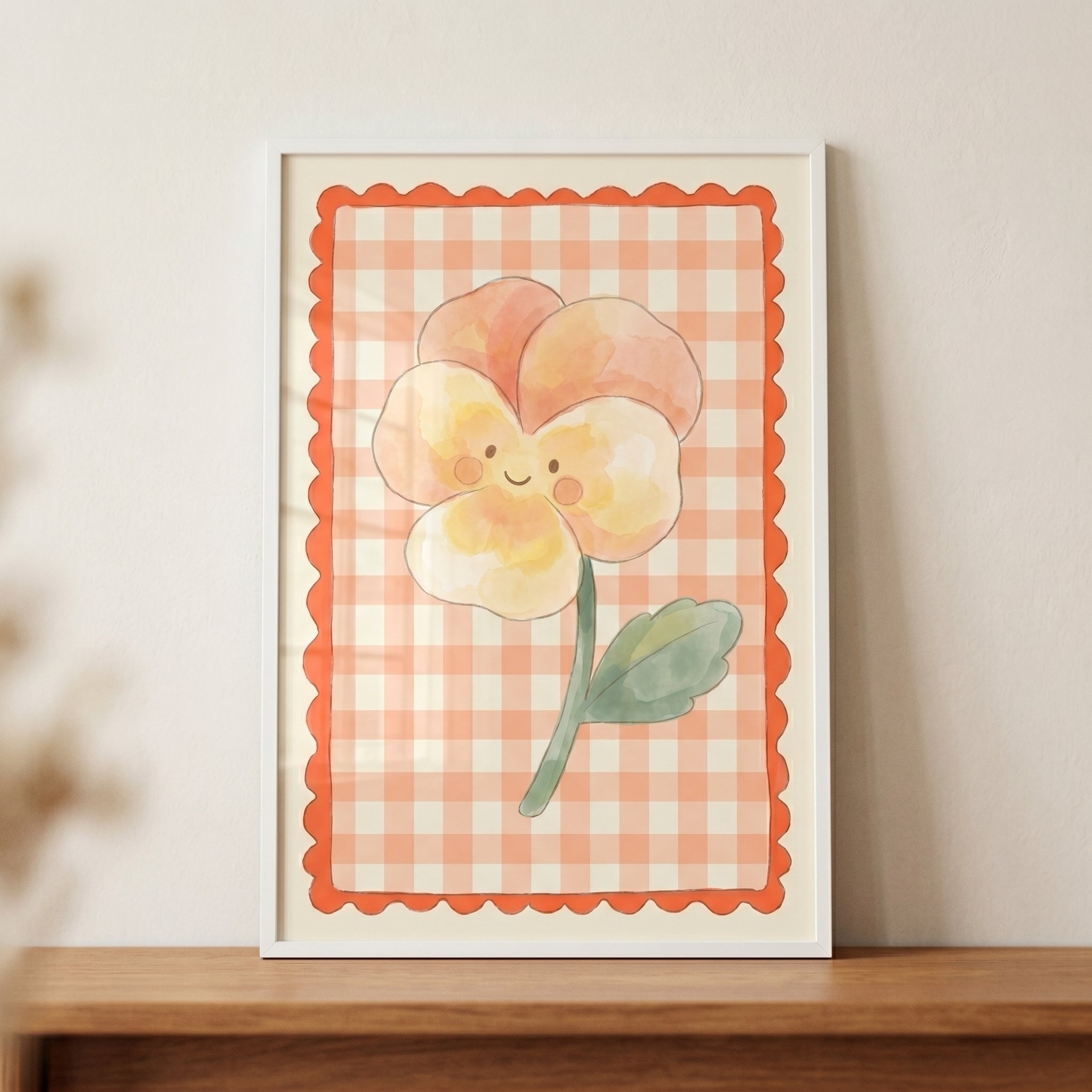 Orange Gingham Watercolor Pansy Flower Wall Art - Smiling Pansy Friend
