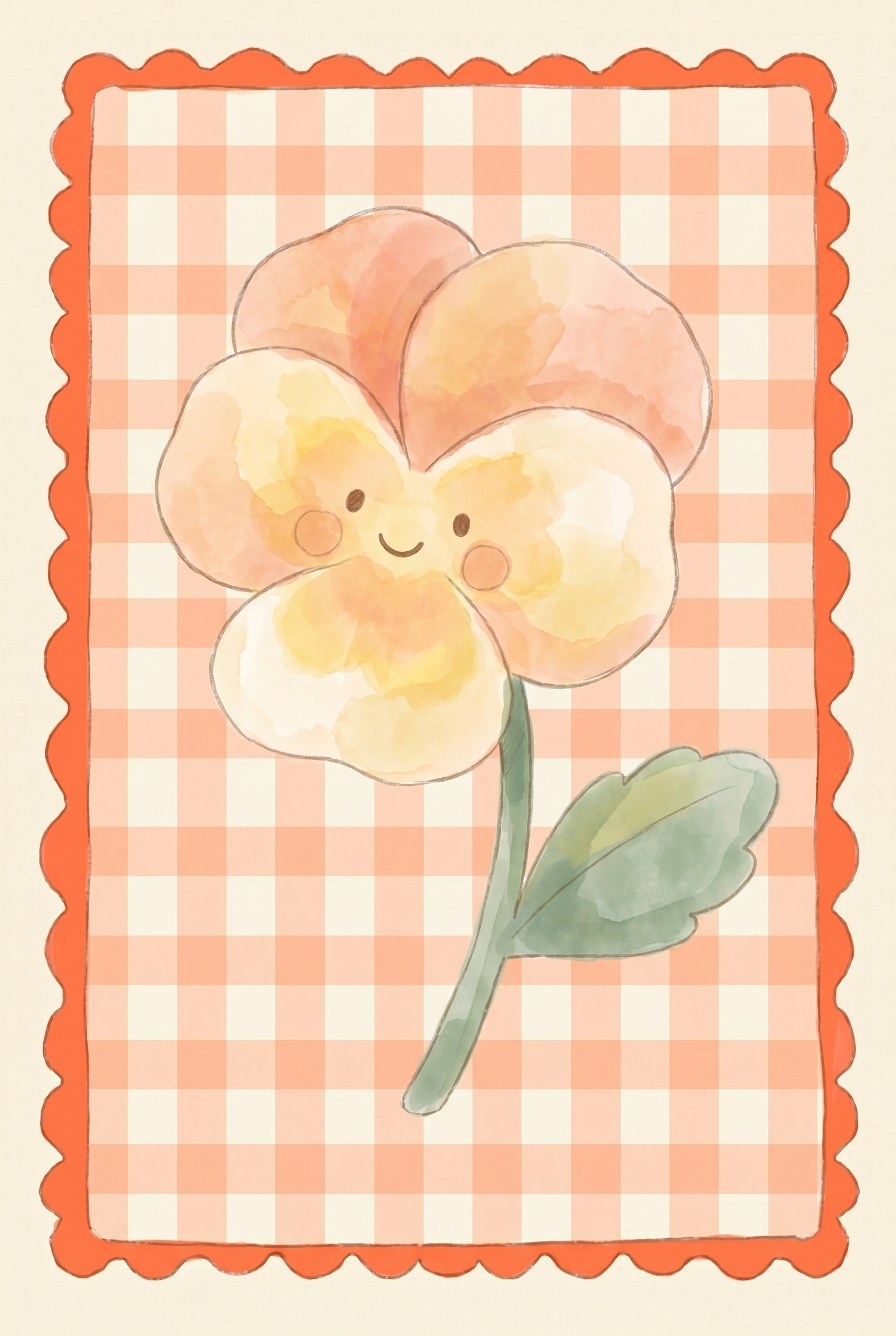 Orange Gingham Watercolor Pansy Flower Wall Art - Smiling Pansy Friend