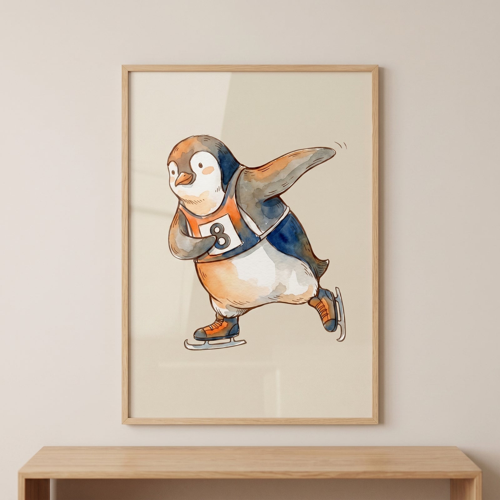 Orange jersey racer penguin wall art depicts a framed watercolor illustration of a skating penguin with number 8.