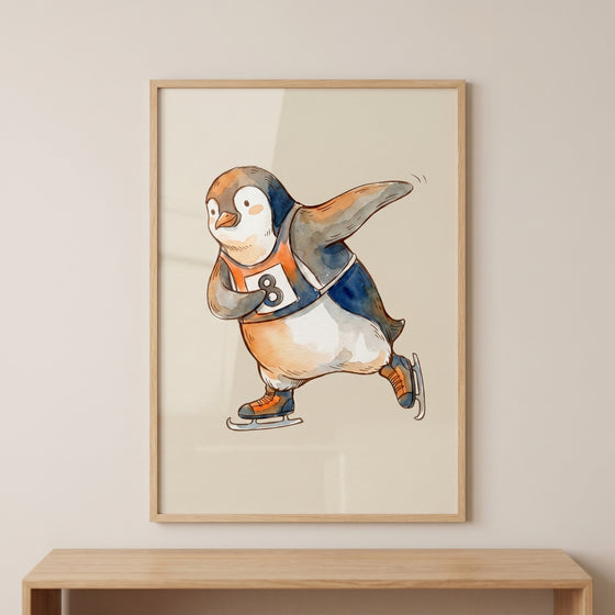 Orange jersey racer penguin wall art depicts a framed watercolor illustration of a skating penguin with number 8.