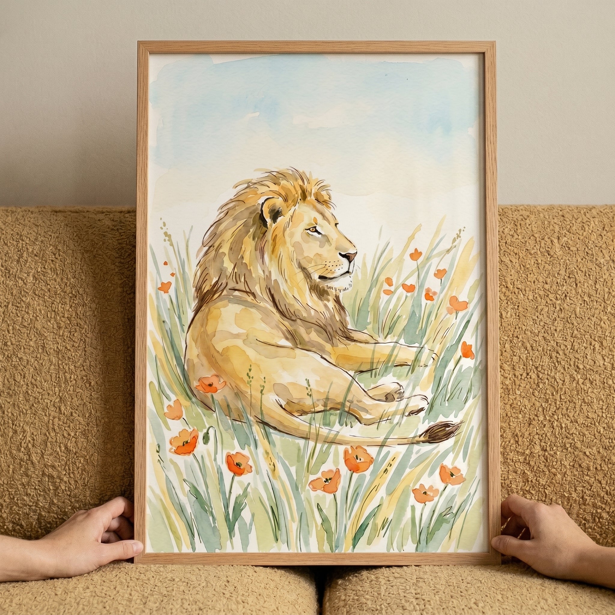 Orange Poppy Meadow Lion Wall Art - Golden Lion Meadow