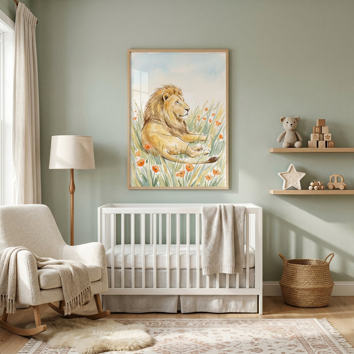 Orange poppy meadow lion wall art above a white crib in a sage green nursery with a rocking chair and wooden toys.