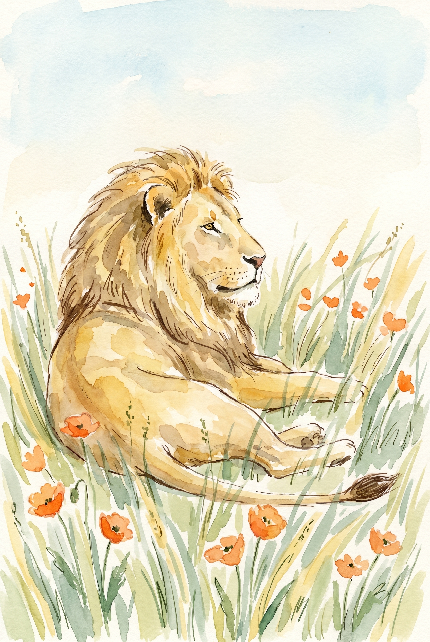 Orange Poppy Meadow Lion Wall Art - Golden Lion Meadow