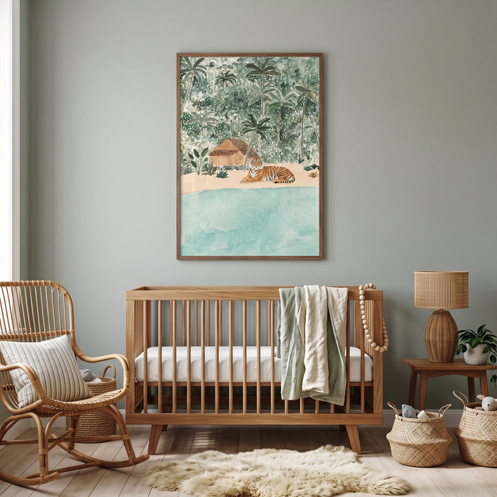 Orange striped tiger wall art hangs in a sage green nursery with a wood crib, rattan rocking chair, and fuzzy rug.