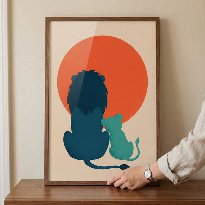 Minimalist framed artwork of a dark blue lion and smaller cub sitting side by side in front of a large warm red sun. A hand adjusts the frame on a wooden surface highlighting the print as a calming decorative piece for a nursery or child’s room.