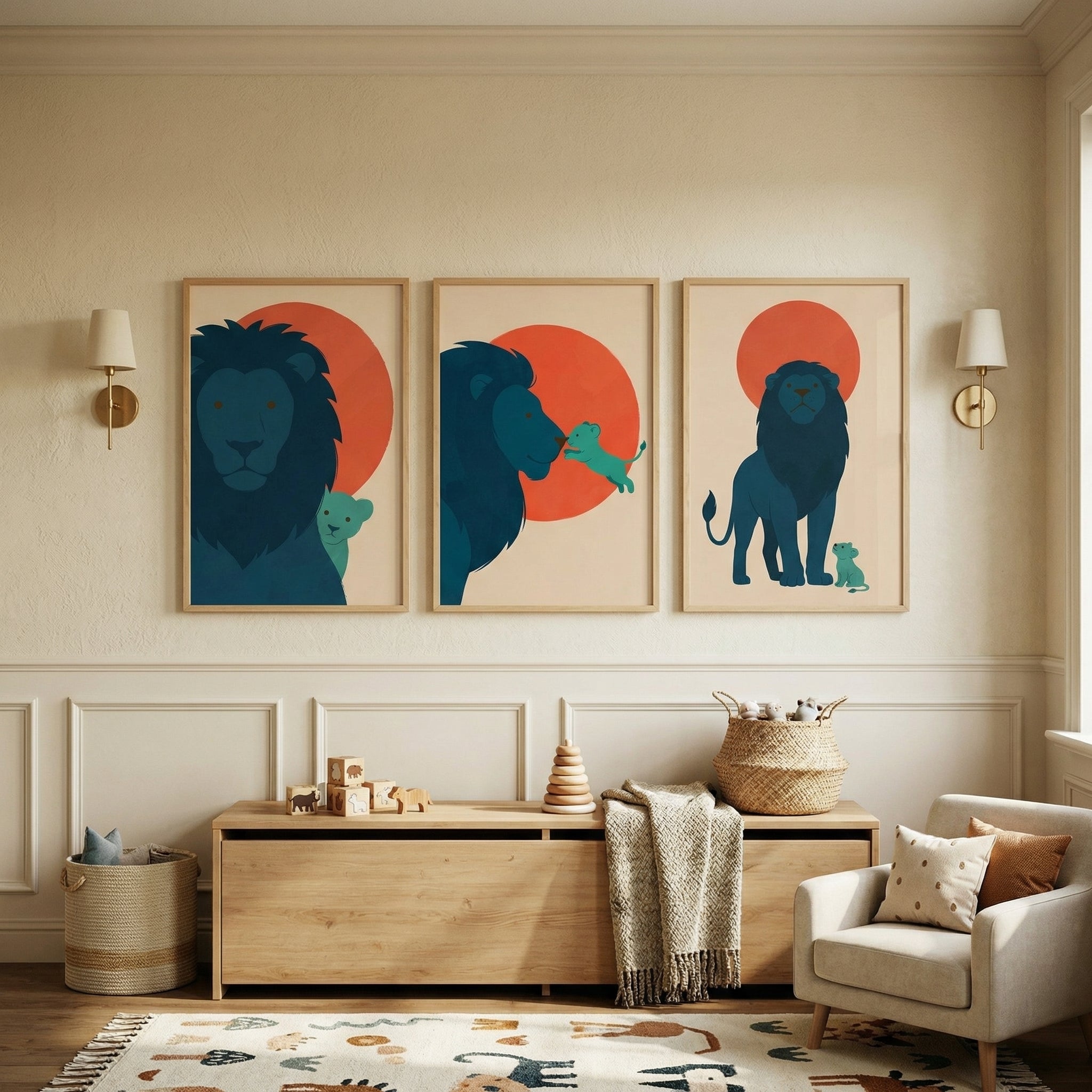 Orange Sun Blue Lion Wall Art Set of 3 - Azure Lion Bond