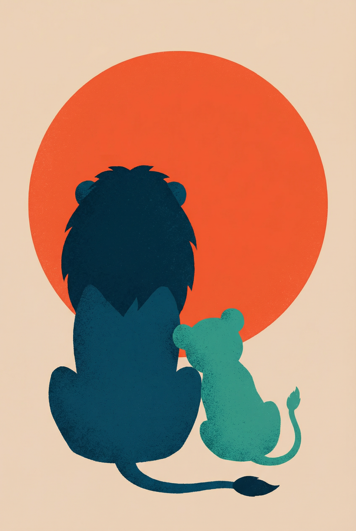 A minimalist graphic illustration shows the silhouettes of a large adult male lion and a small lion cub from behind. They are sitting side-by-side, with the cub leaning its head affectionately against the adult's back. Both figures are centered in front of a giant, solid orange circular sun. The adult lion is a dark teal color with a navy blue mane, while the cub is a lighter turquoise. The background is a flat cream color, and the style features clean shapes with a subtle texture.
