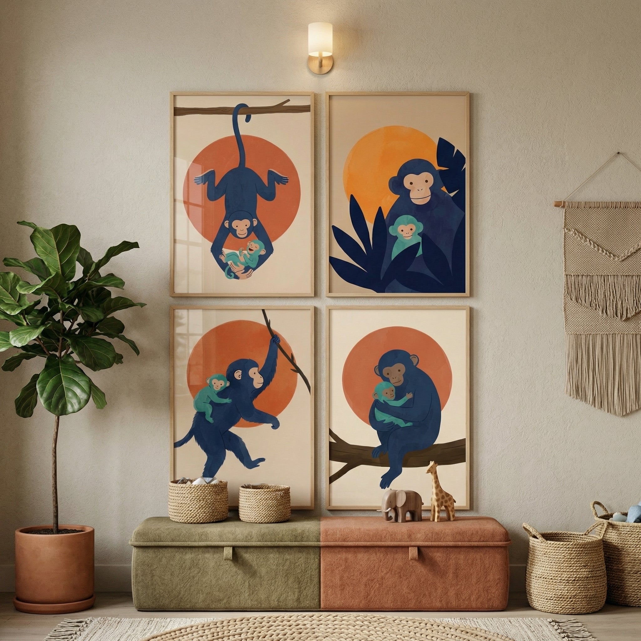 Orange Sun Blue Monkey Wall Art Set of 4 - Sunlit Primate Bond