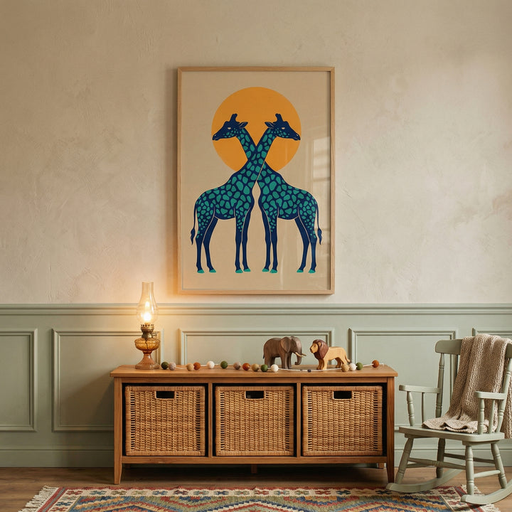 Framed illustration of two mirrored giraffes standing beneath a warm orange sun above a wooden console with woven baskets and toys. A soft glowing lamp and small animal figurines add a cozy nursery feel to the styled space.