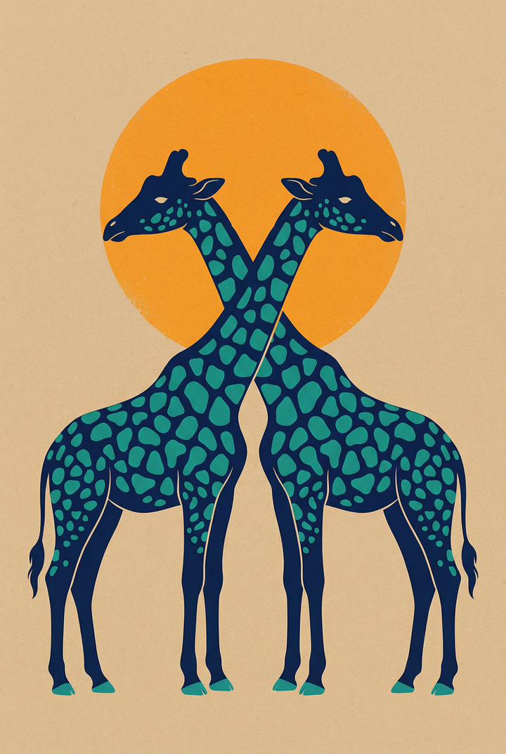 A minimalist graphic illustration features two stylized giraffes with their long necks crossed in an X-shape. The giraffes are depicted in navy blue with teal-green spots and hooves, facing away from each other. Behind the intersection of their necks is a large, solid orange sun. The entire scene is set against a light beige background with a subtle, grainy texture, giving it a vintage screen-printed aesthetic.