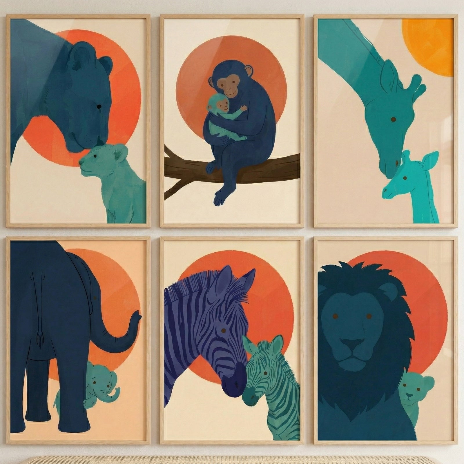 A collection of six framed minimalist illustrations featuring various savanna animals and their young. The artwork is characterized by a clean, modern aesthetic with bold, solid colors and geometric elements.
