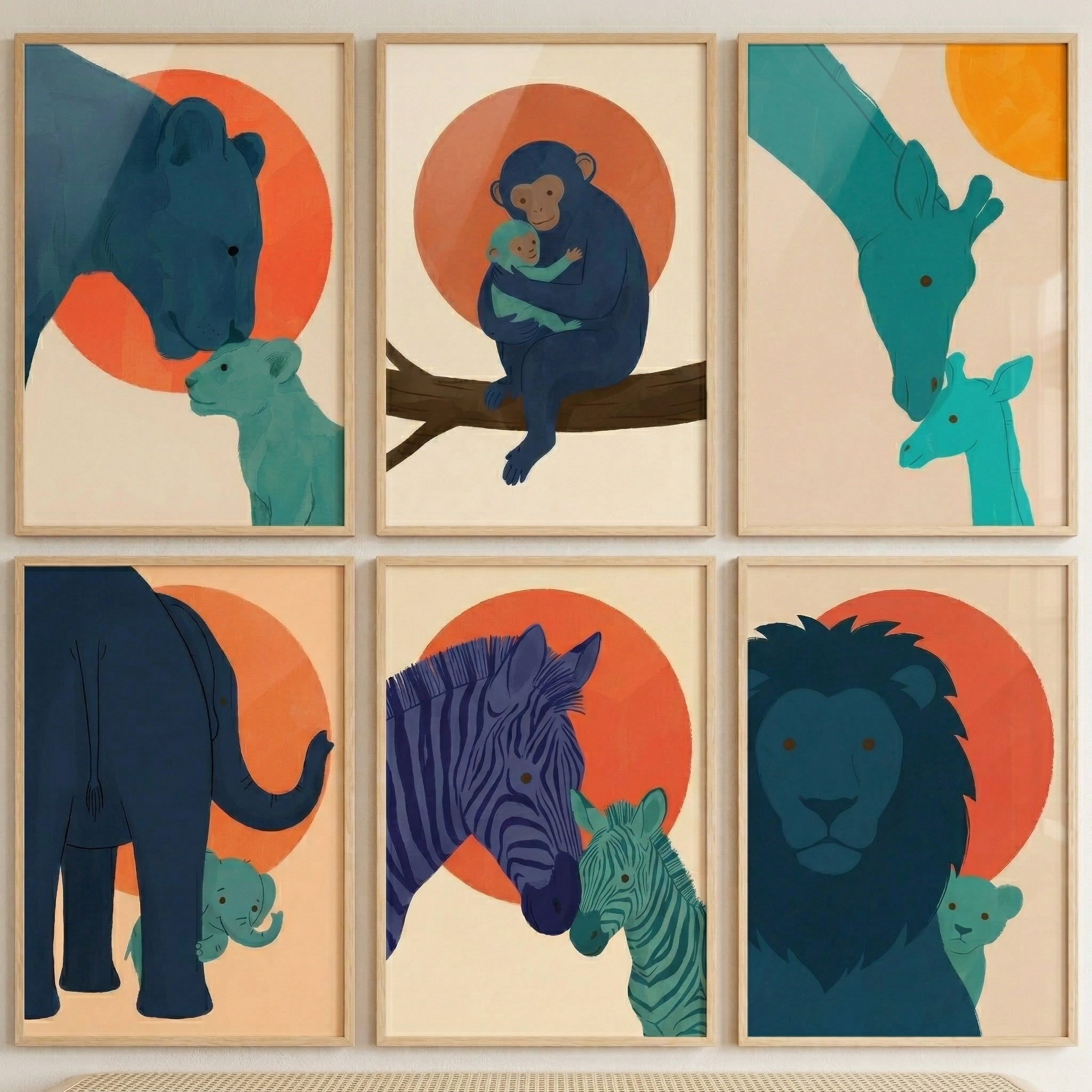 Orange Sun Safari Animal Wall Art Set of 6 - Wild Family Moments