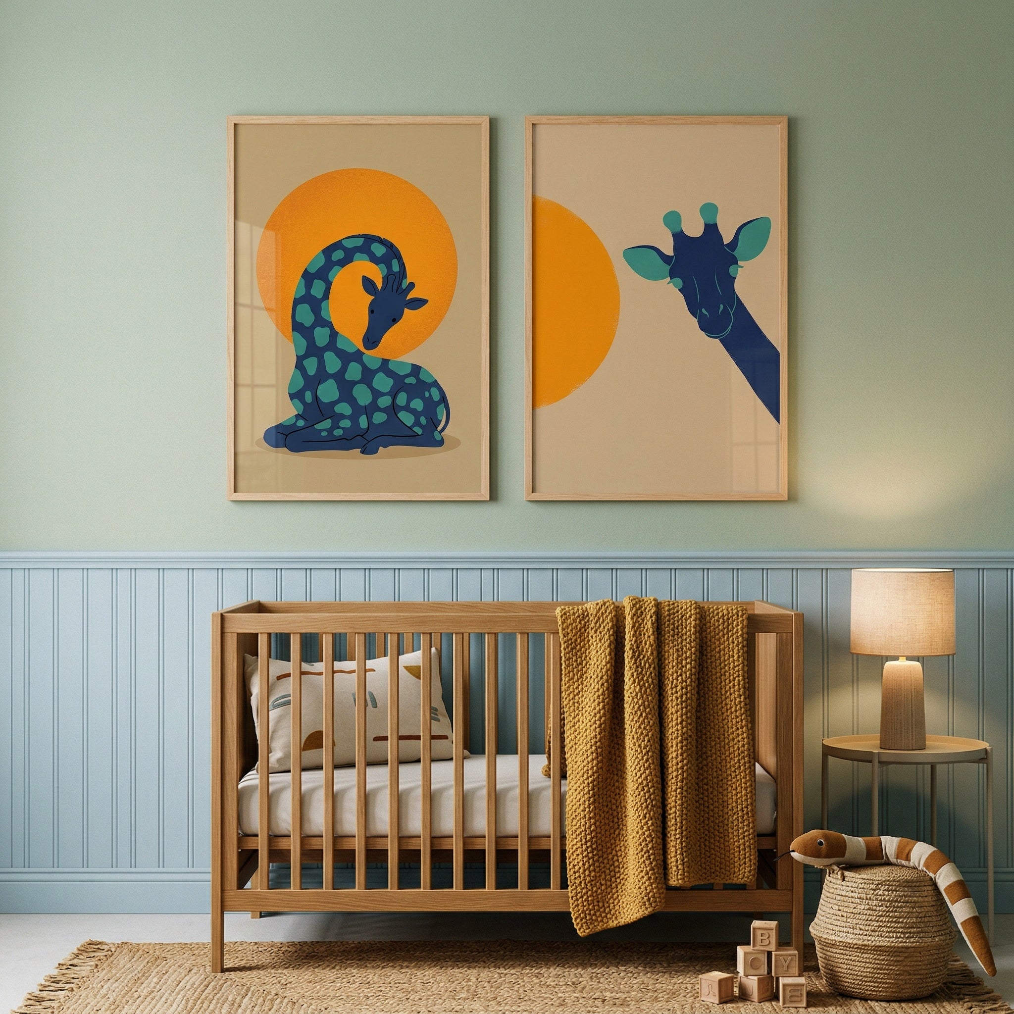 Orange Sun Teal Giraffe Wall Art Set of 2 - Blue Giraffe Sunset