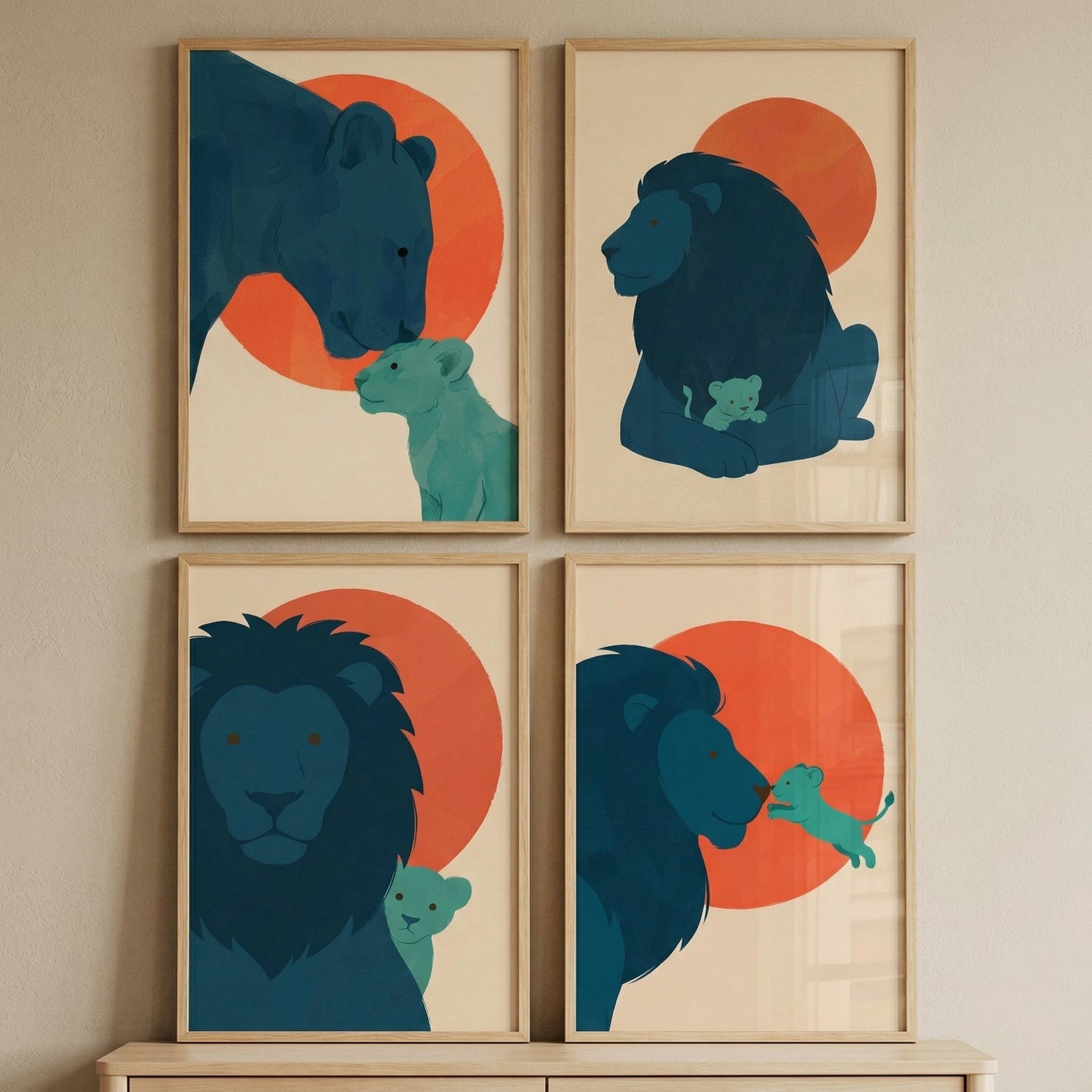This set of four framed illustrations features a series of stylized, minimalist animal portraits. Each piece depicts a large adult feline and its cub in various poses, highlighting a gentle bond between parent and offspring. 