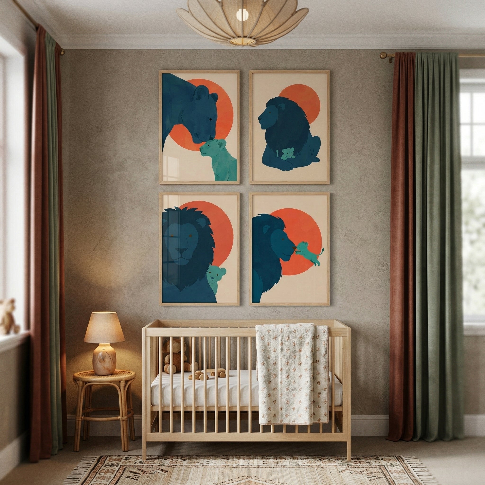 Orange Sun Teal Lion Wall Art Set of 4 - Azure Safari Pride