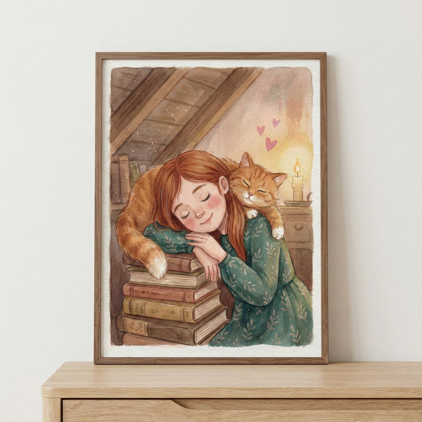 A cozy watercolor artwork in a wooden frame depicts a young girl with reddish-brown hair sleeping peacefully with her head resting on a stack of old books. A fluffy orange tabby cat is curled around her shoulders and head, also in a deep slumber. Three small pink hearts float above them. The scene is set in a warm, dimly lit room with slanted wooden ceiling beams and a lit candle. The framed piece sits on a wooden dresser, conveying a sense of warmth, peace, and quiet companionship.