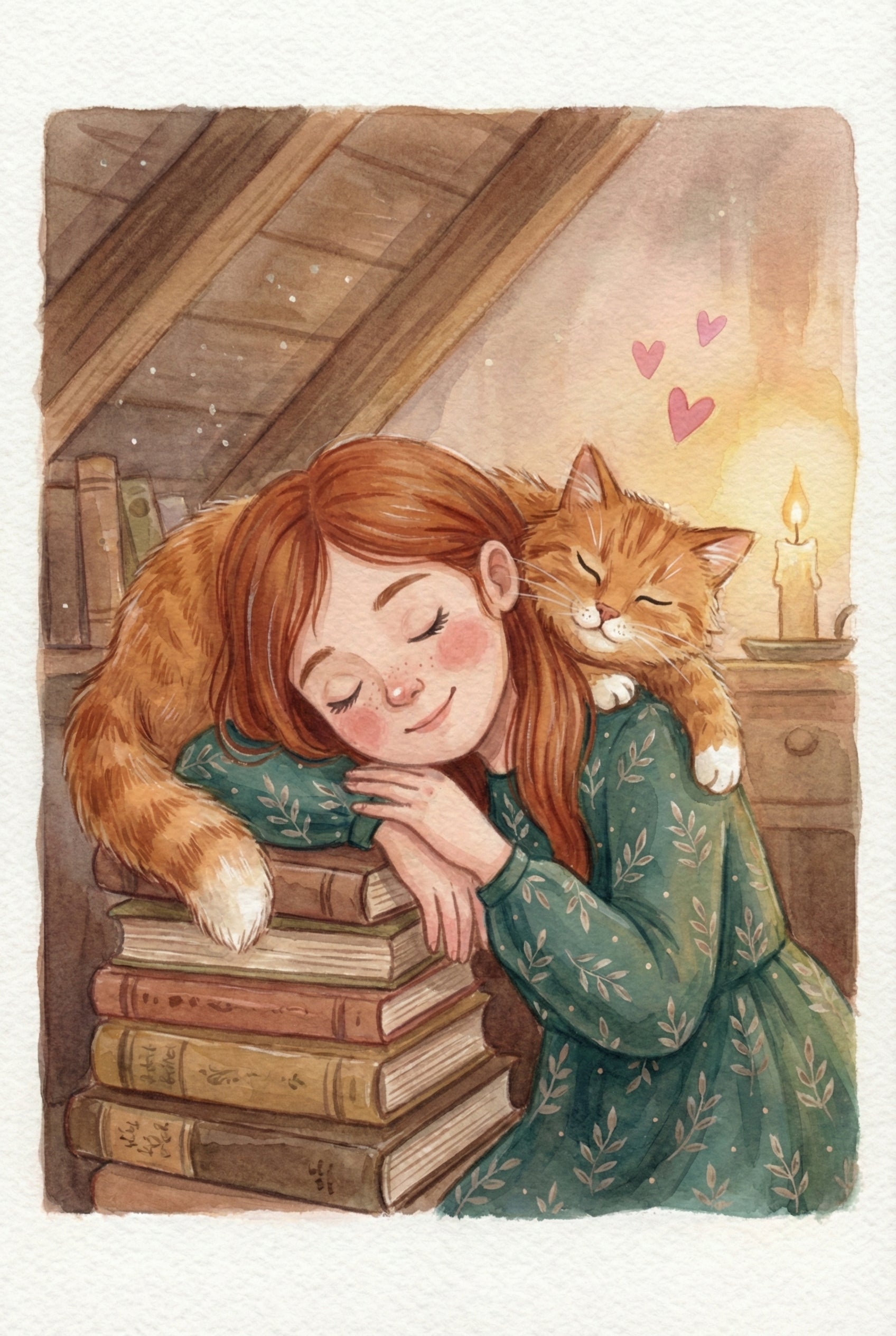 Orange Tabby Cat And Girl Wall Art - Cozy Book Nap