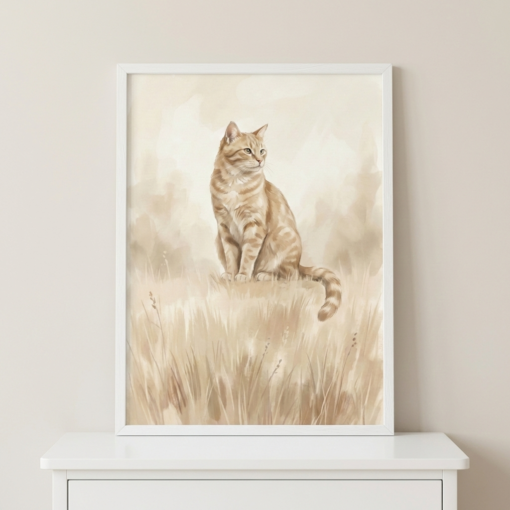 A framed watercolor-style illustration of an orange tabby cat sitting in a field of tall grass. The artwork features a soft, monochromatic palette of beige and cream tones. The cat is shown in a side profile, looking alertly toward the distance. The piece is enclosed in a simple white frame and is resting on a white cabinet against a neutral wall.