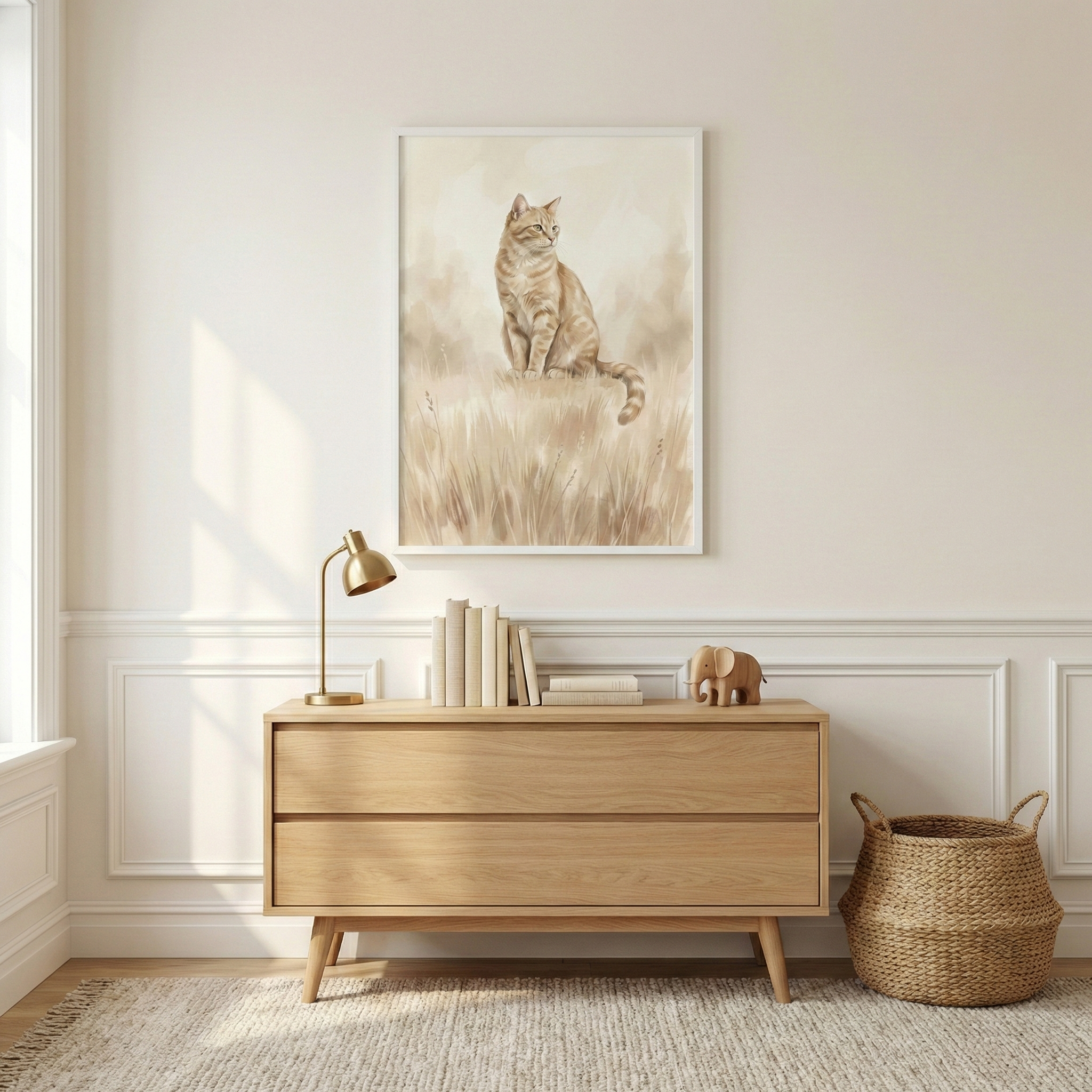 This vertical interior shot shows a cozy and modern room setup. Centered on a light cream-colored wall with classic wainscoting is a framed piece of art. The artwork is a soft, muted watercolor-style illustration of a ginger tabby cat sitting peacefully in a field of tall, dry grass, rendered in warm tones of beige and tan. 

