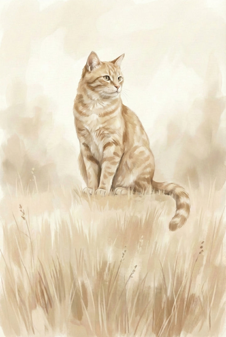 Watercolor artwork of an orange tabby cat sitting in light meadow grass, illustrated in warm cream and soft caramel tones.
