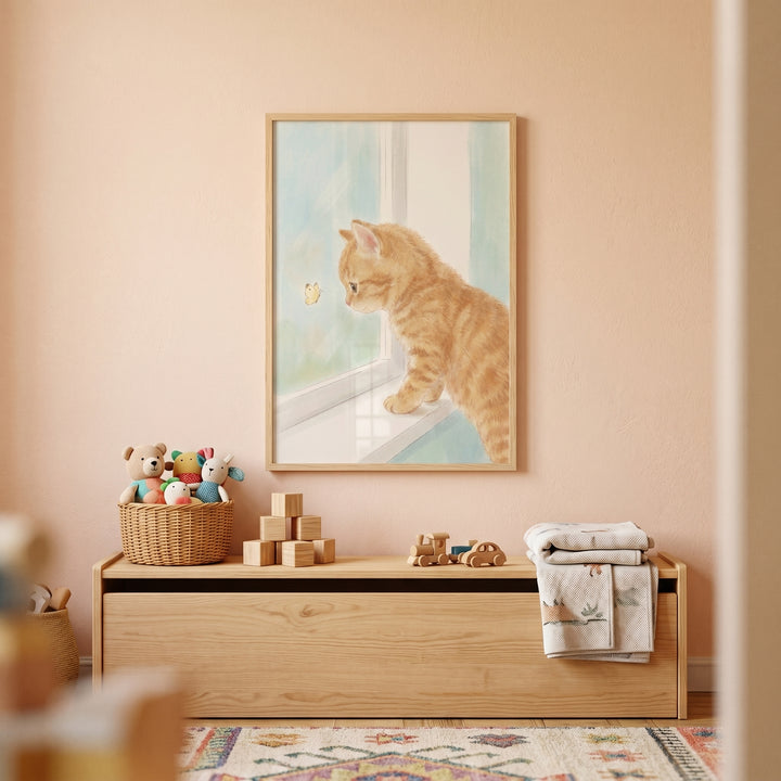 Orange tabby kitten wall art hangs in a peach nursery over a wooden chest with blocks, toys, and a stuffed animal basket.