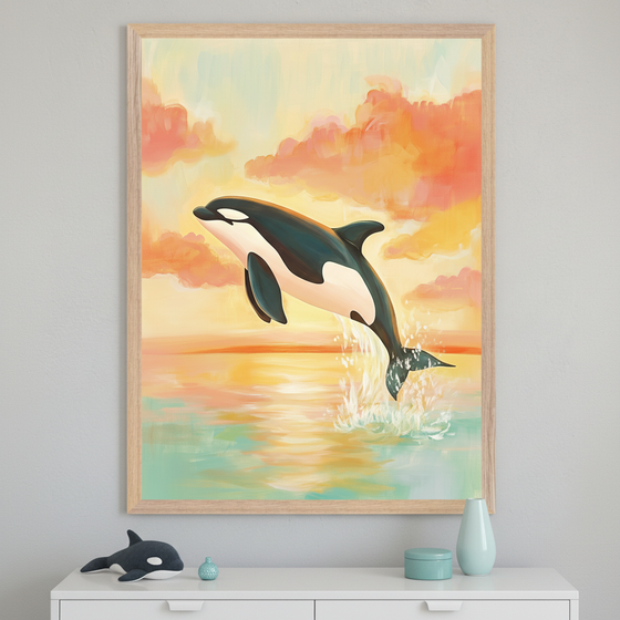 A framed painting of an orca leaping out of the water at sunset, with vibrant orange and pink clouds in the background. The scene is displayed above a white dresser, which holds a small orca toy and two pastel-colored vases.