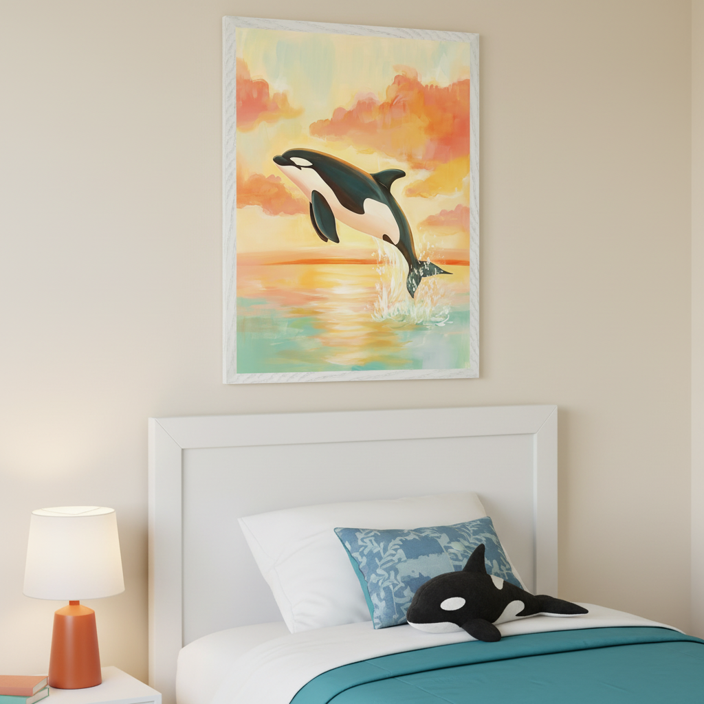 Bedroom with a white panel bed and nightstand. An orange lamp sits on the nightstand. Above the bed hangs a framed painting of a black and white orca jumping from water at sunset, with colorful clouds. An orca plush toy is on the bed.