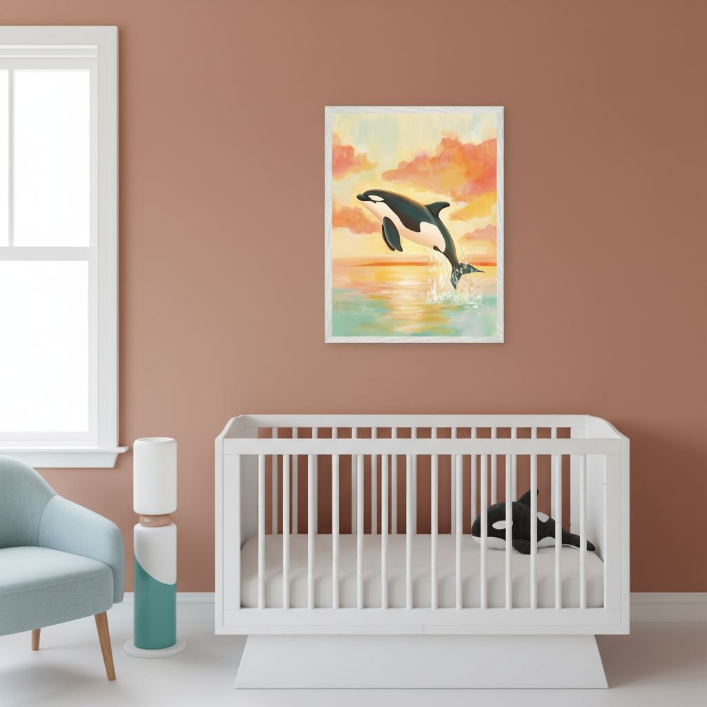 Modern nursery with a terracotta wall. A framed painting of an orca jumping from water at sunset hangs above a white crib, which holds an orca plushie. A light blue armchair and a modern lamp are to the left of the crib.