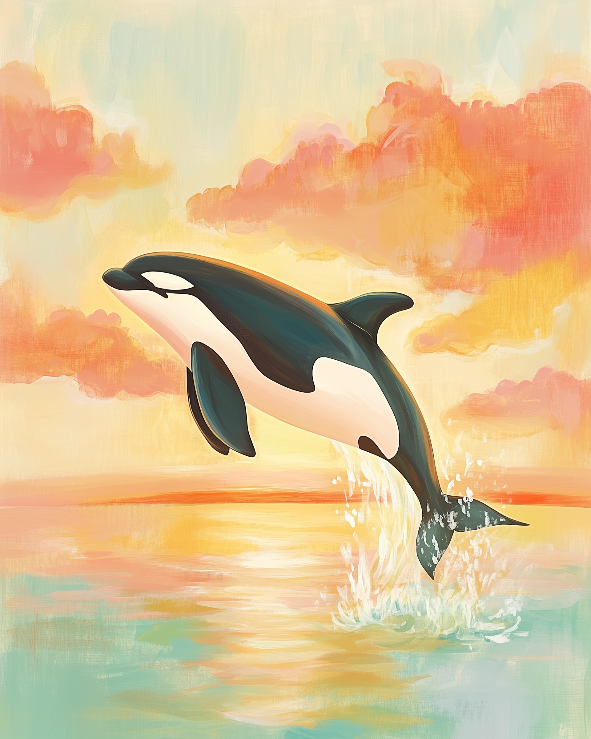 A vibrant painting of an orca leaping from the water against a colorful sunset backdrop, with splashes around its tail and soft, pink-orange clouds in the sky.